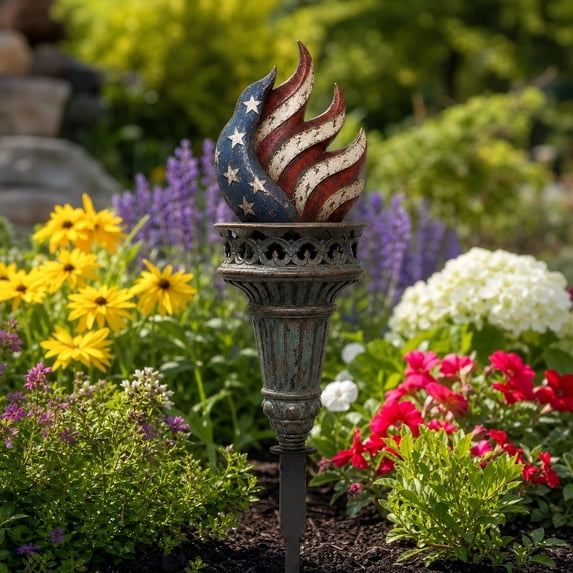 BGZLEU Patriotic Garden Stake,Red White and Blue Metal Yard Signs,12" Tall Patriotic Torch 4th of July Decorations Outdoor,Independence Day Memorial Day Yard Stakes for Lawn Patio Porch Decor,C