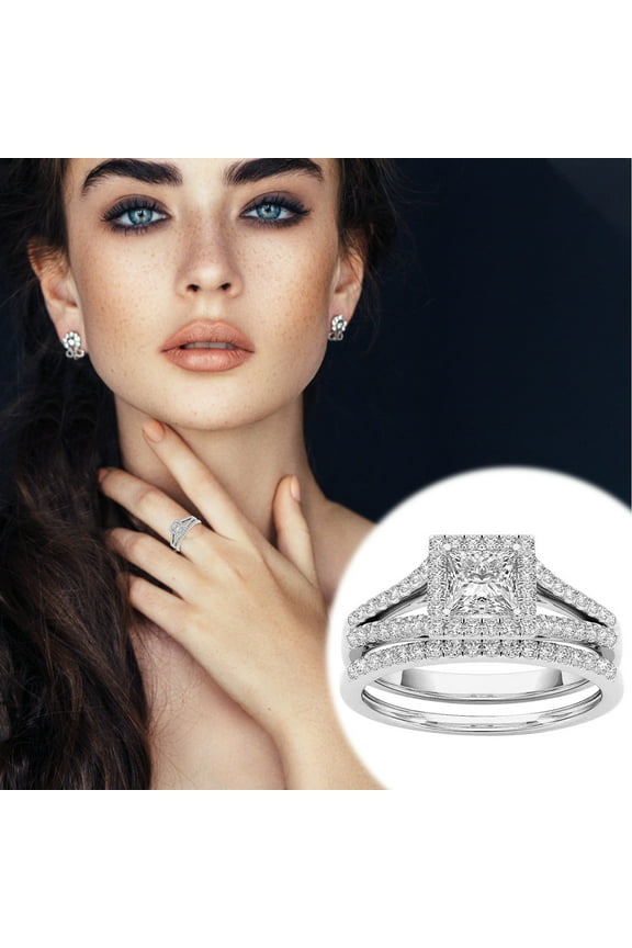 BGZLEU Princess Cut Crystal Silver Ring,Engagement Promise Eternity Ring,AAA White Cubic Zirconia Full Diamond Ring,CZ Eternity Engagement Wedding Band Ring,Cubic Zirconia Promise Halo Ring