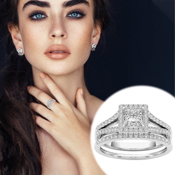 BGZLEU Princess Cut Crystal Silver Ring,Engagement Promise Eternity Ring,AAA White Cubic Zirconia Full Diamond Ring,CZ Eternity Engagement Wedding Band Ring,Cubic Zirconia Promise Halo Ring