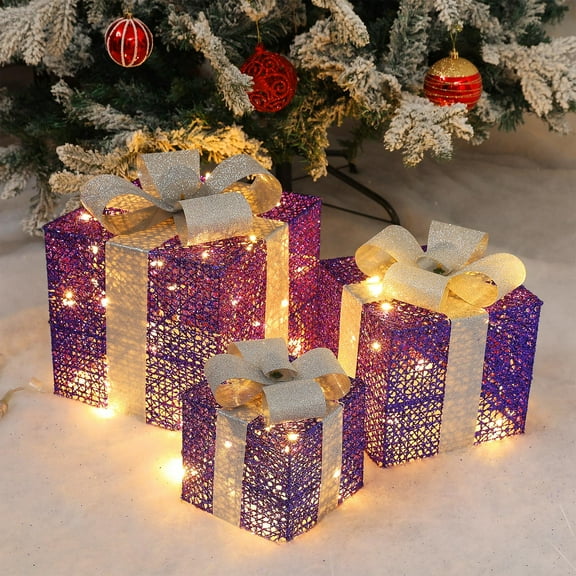 BGZLEU Set of 3 Christmas Light-up Boxes, pre-Lighted 60 LED Light-up Boxes for Decoration, Battery-Powered Golden Linen Decorative Light-up Boxes for Indoor/Outdoor, Christmas Tree, Home