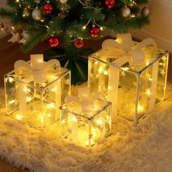 BGZLEU Set of 3 Lighted Box, Pre-lit Present Boxes with 100 Warm White Lights, Exquisite Patterns, Bows, Ground Stakes, Indoor Outdoor Christmas Decoration for Yard Lawn