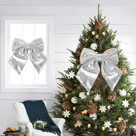 BGZLEU Silver Glitter Wired Ribbon Bows with Twist Tie 10" Premade Metallic Christmas Bows for Gift Wrapping, Wreath, Garland, Holiday Crafts Party Home Outdoor Christmas Tree Decorations