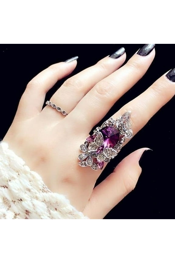 BGZLEU Simulated Boho Style Antique Gothic Crystal Knuckle Rings Set for Women Vintage Purple Rhinestone Butterfly Ring Cocktail Party Jewelry Zirconia Filled Engagement Promise Ring,6#