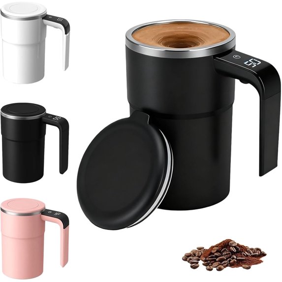 BGZLEU SpinBrew Mug – Self-Stirring Magnetic Coffee Cup with Temp Display (White)