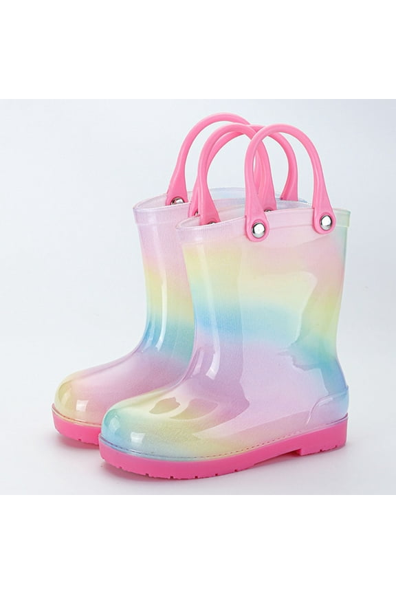 BGZLEU Toddler Rain Boots with Handles - Girls baby Kids Waterproof Shoes Boys Rain Boots Lightweight Adorable Cute Solid Rubber mud boots (Rainbow Color, 2 Years）