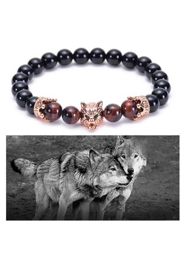 BGZLEU Viking Wolf Head Bracelet, Natural Stone Crystals and Magnetic Hematite Beaded Bracelet, Spirit Animal Jewelry Gift for Men and Women,Stone Beaded Bracelet for Men