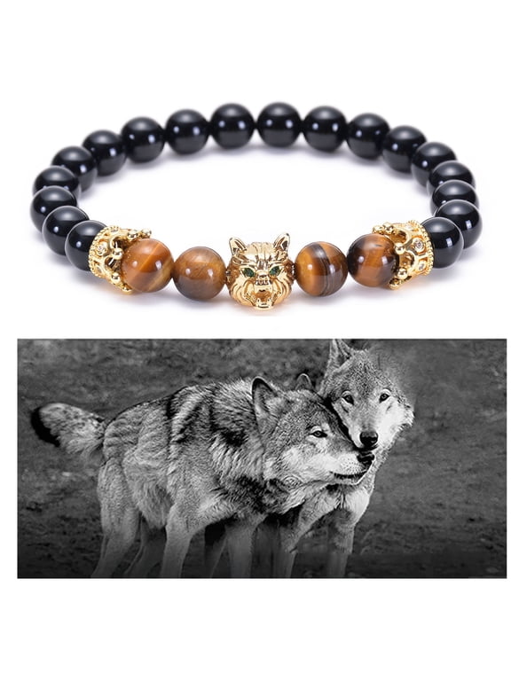 BGZLEU Viking Wolf Head Bracelet, Natural Stone Crystals and Magnetic Hematite Beaded Bracelet, Spirit Animal Jewelry Gift for Men and Women,Stone Beaded Bracelet for Men