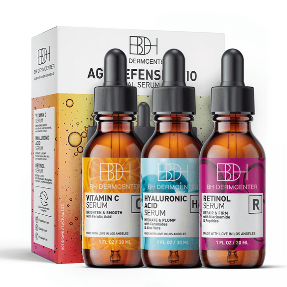 BH Dermcenter Age Defense Trio Anti-Aging Serum Set for Face and Eyes - Vitamin C, Retinol, Hyaluronic Acid Face Serum for Men and Women - 30ml Each - Paraben Free, Cruelty Free