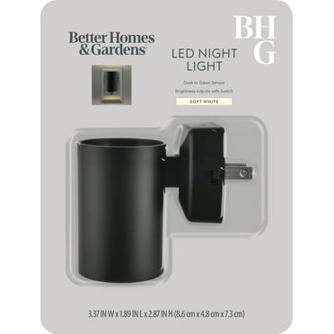 BH&G 2.87" Black Cylinder LED Night Light, Soft White, Dusk to Dawn Sensing, High-Low Mode Switch Select