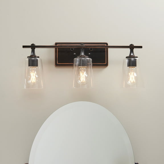 BH&G 22" Bronze 3-Light Vanity Light, Glass Shades, E26 Base A19 LED Vintage Bulbs Included CA