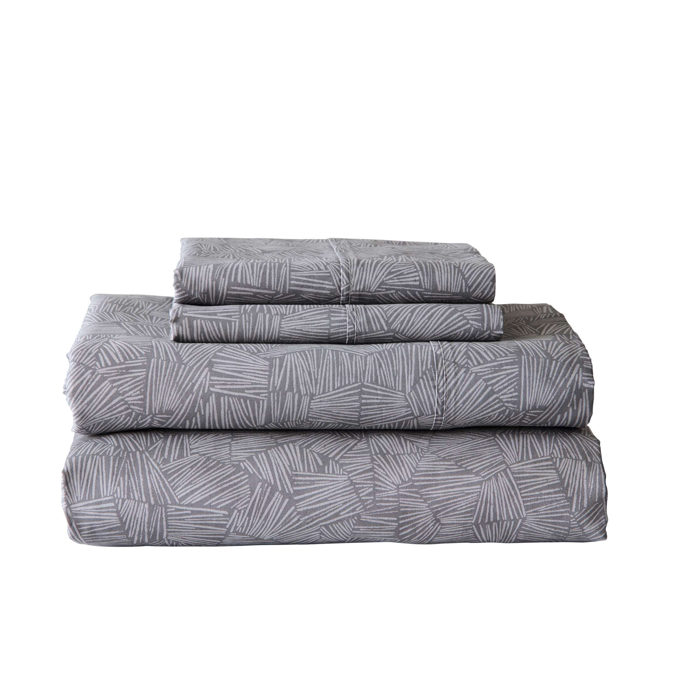 Better Homes & Gardens 300 Thread Count 3-Piece Cotton Percale Ziggy Geo Print Grey Flannel Bed Sheet Set, Twin