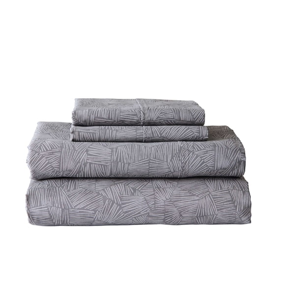 Better Homes & Gardens 300 Thread Count 4-Piece Cotton Percale Ziggy Geo Print Grey Bed Sheet Set, King