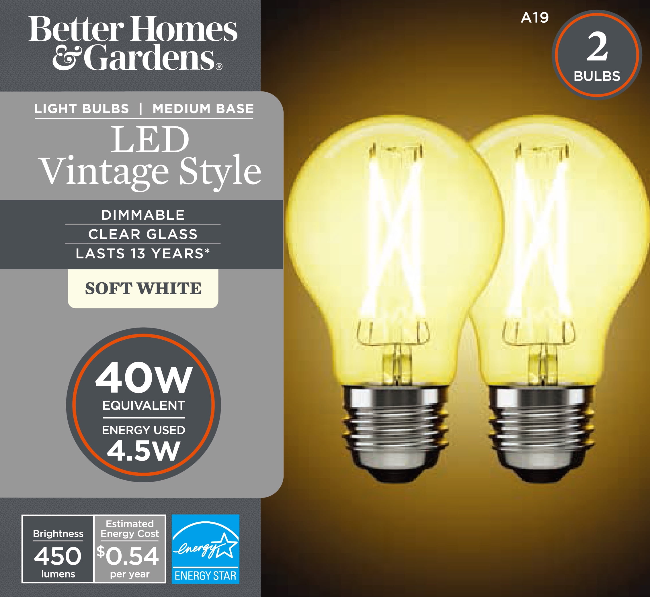 Better Homes & Gardens A15 LED Light Bulbs, E26 Medium Base, 40W Equivalent, Clear Glass, Soft White 2700K, Dimmable, 2-Pack