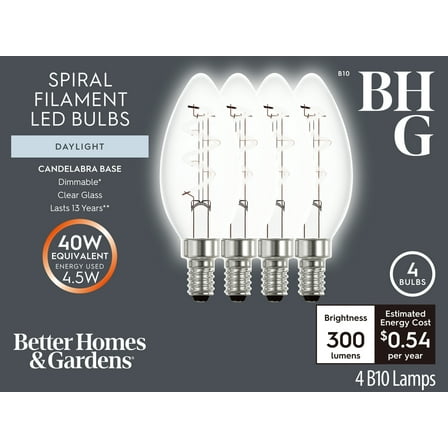 BH&G LED Light Bulb, 4.5 Watts (40W Equiv.) B10 Candle Bulb Dimmable E12 Candelabra Base Daylight, 4 Pack