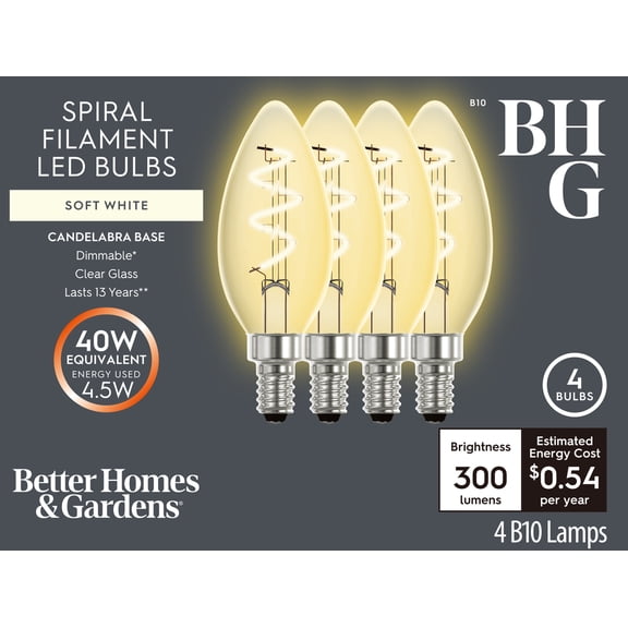 BH&G LED Light Bulb, 4.5 Watts (40W Equiv.) B10 Candle Bulb Dimmable E26 Medium Base, Soft White 4 Pack