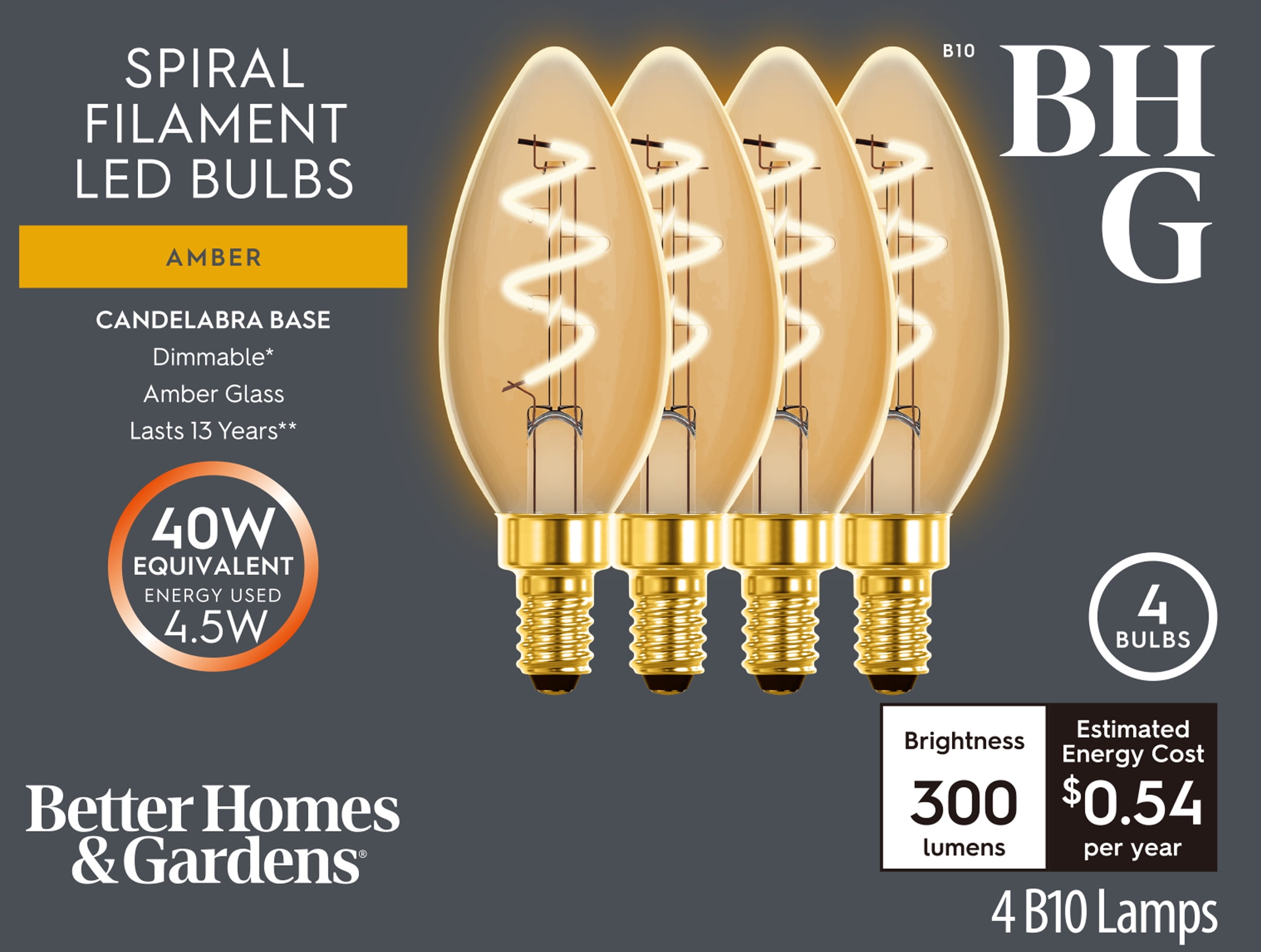 BH&G LED Light Bulb, 4.5 Watts (40W Equiv.) B10 Candle Bulb Dimmable E26 Medium Base, Ultra Warm 4 Pack