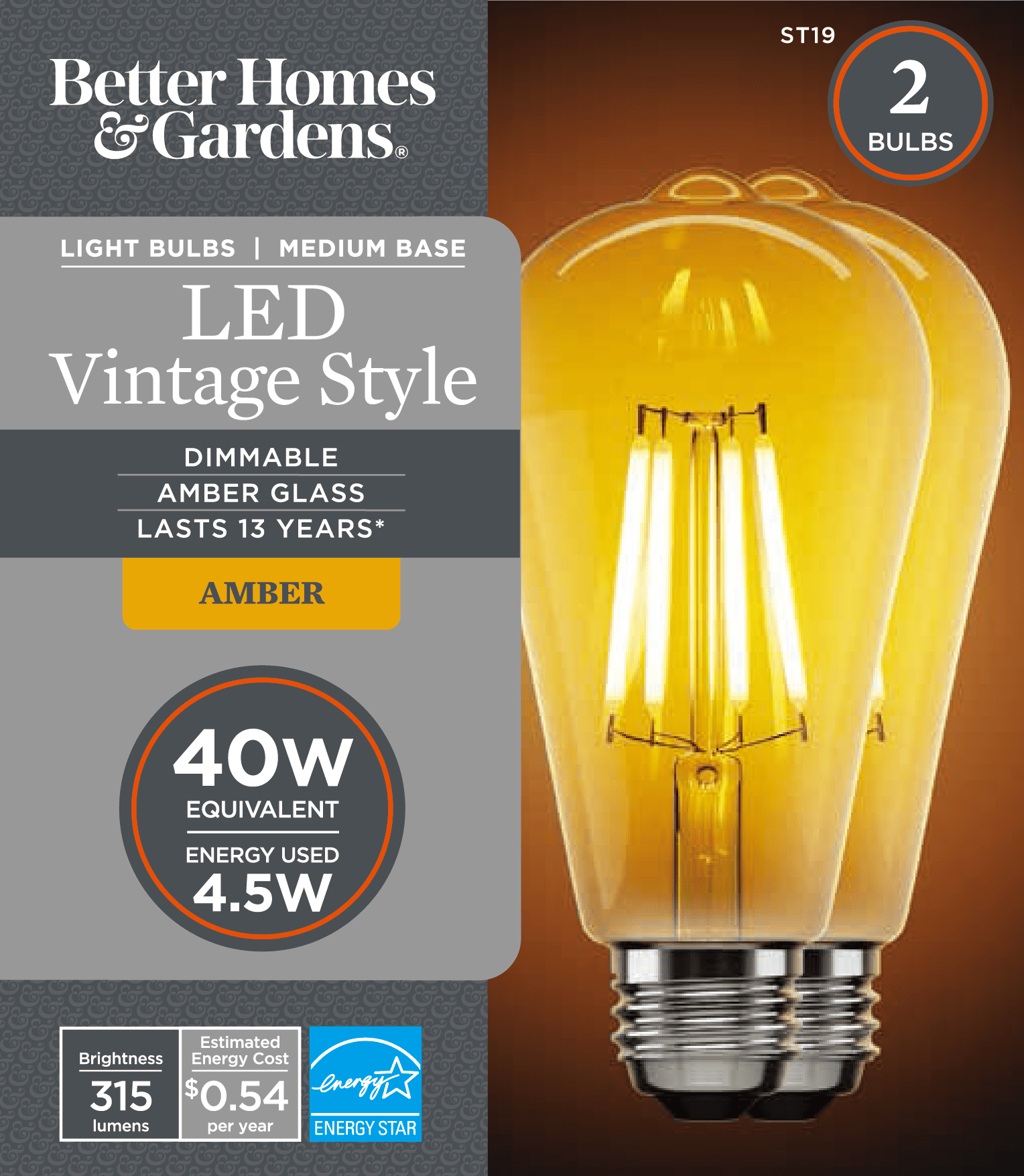 BH&G LED Vintage Bulb, 4.5Watt (40W Equivalent) ST19 Filament Dimmable, E26 Base, Amber Glass