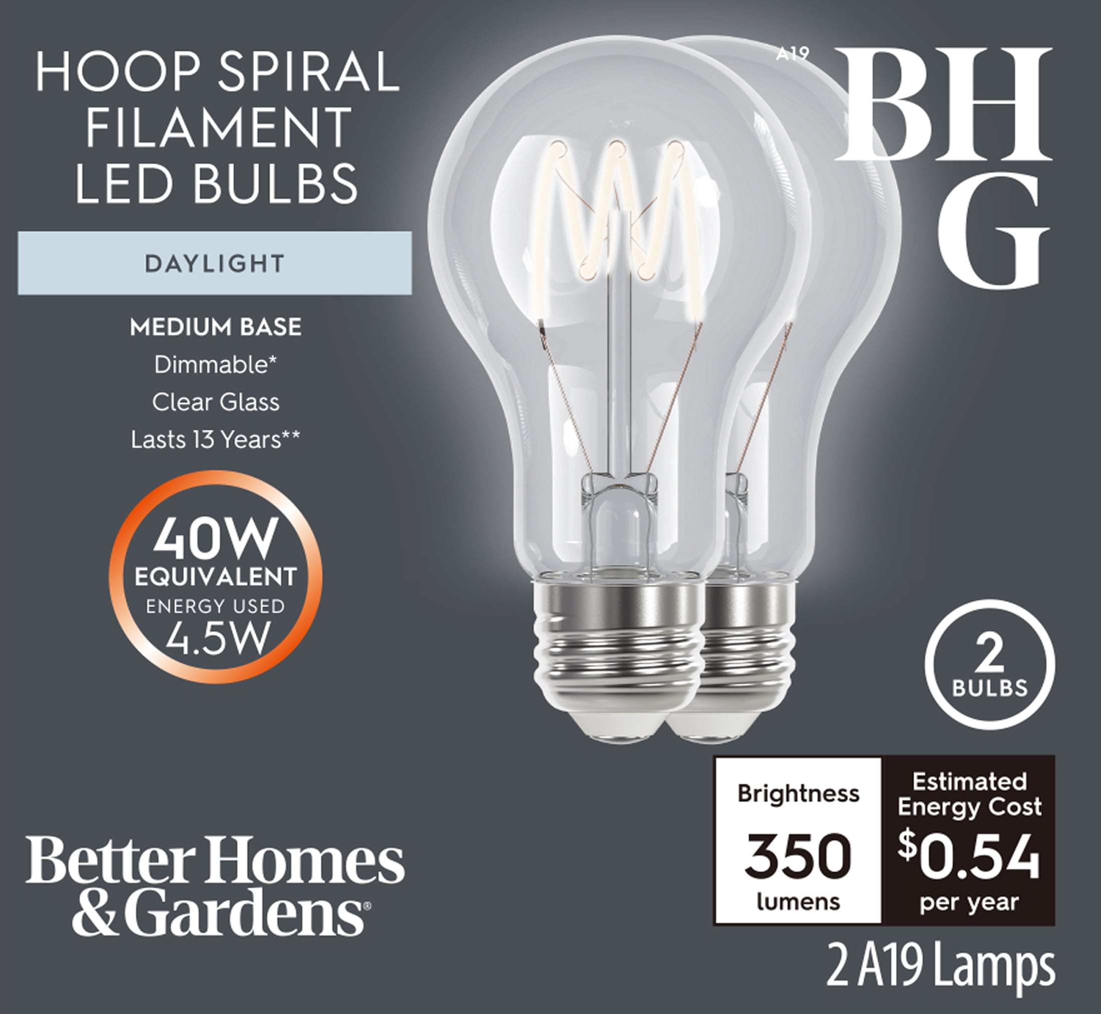BH&G LED Vintage Light Bulb, 4.5 Watts (40W Equiv) A19 Filament Dimmable E26 Base Daylight White 2PK