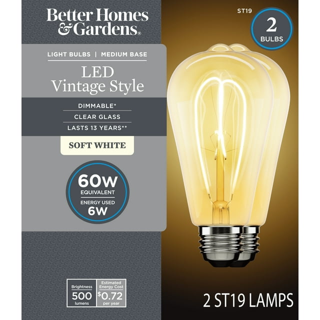 BH&G ST19 LED Vintage Bulb, 6-Watt (60W Equivalent) Soft White, Dimmable E26 Base, 2PK