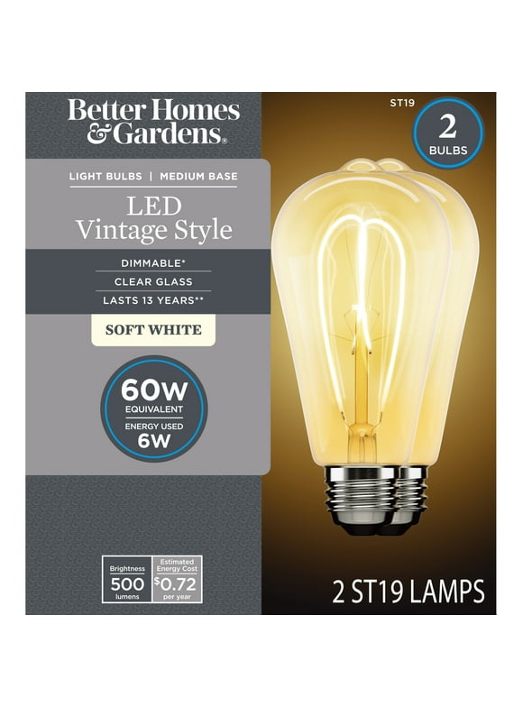 BH&G ST19 LED Vintage Bulb, 6-Watt (60W Equivalent) Soft White, Dimmable E26 Base, 2PK
