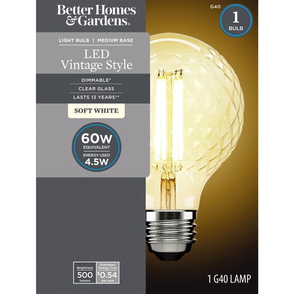 BH&G Vintage LED Bulb, 4.5-Watt (40W Equiv.) G40 Globe Bulb Dimmable E26 Medium Base, Soft White 1PK
