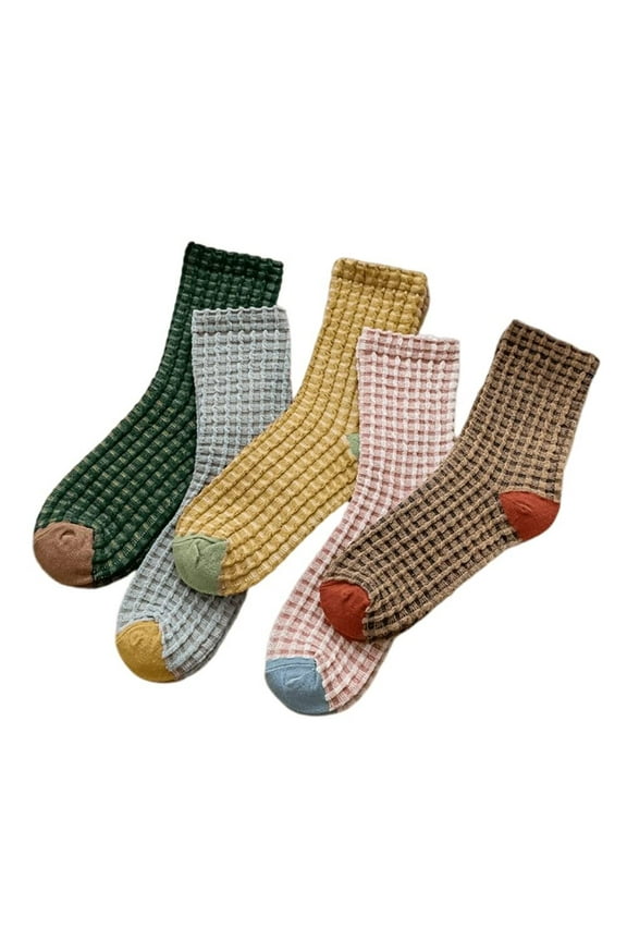 Multi-Colored Checkered Cute Cotton Crew Socks For Women, Size 5-8, Pack of 5