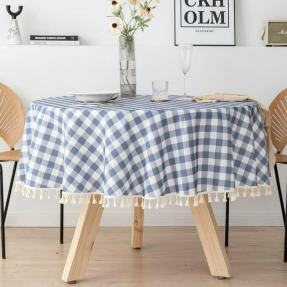 BH-JJSMGS Polyester Checkered 48 Inch Round Tablecloth with Handmade Tassel Waterproof Wrinkle Free Table Cover for Kitchen Party Outdoor