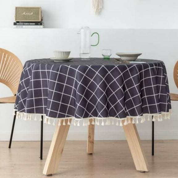 BH-JJSMGS Polyester Checkered 48 Inch Round Tablecloth with Handmade Tassel Waterproof Wrinkle Free Table Cover for Kitchen Party Outdoor