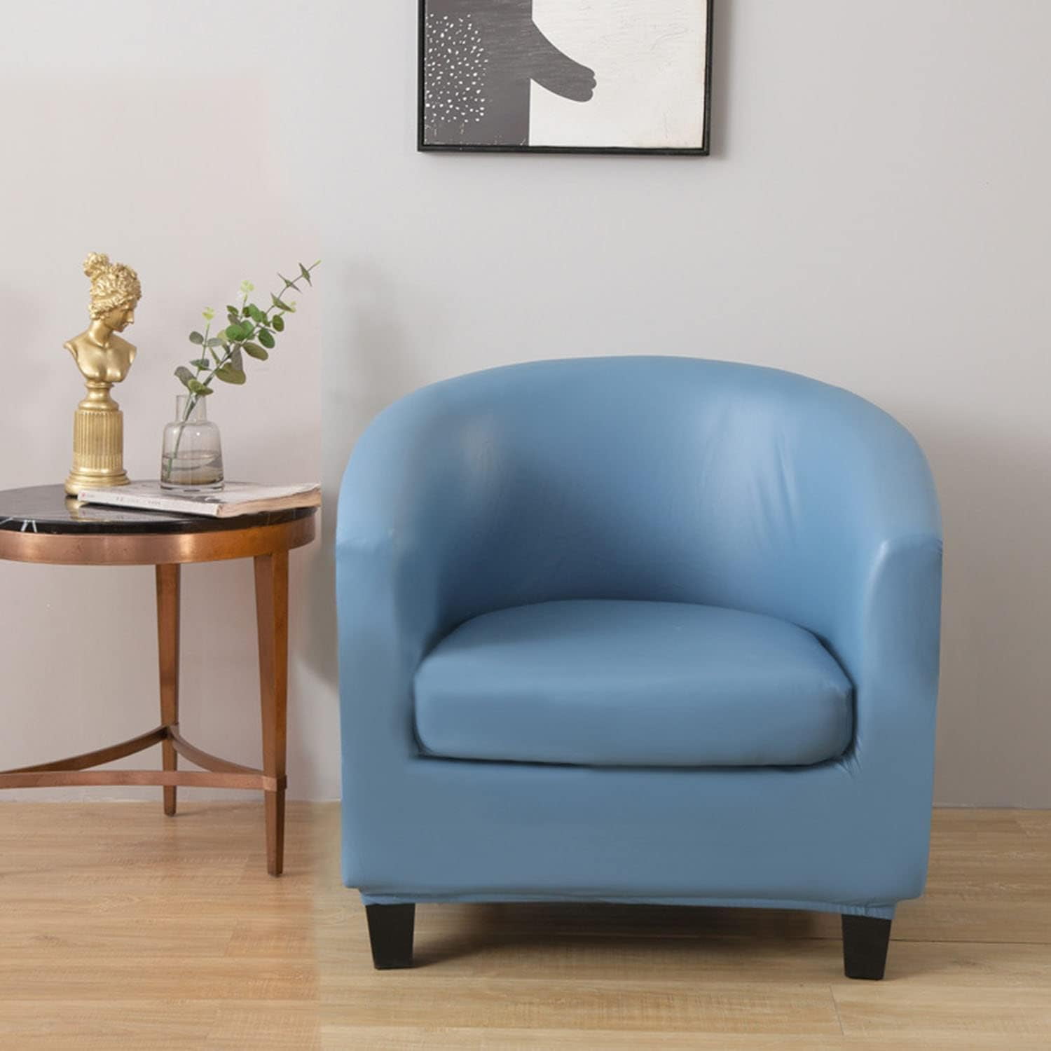 BH-JJSMGS Stretch Club Chair Slipcovers 2 Pieces, PU Leather Round Barrel Chair Cover with Cushion Cover, Oilproof Couch Cover for Cats Dogs