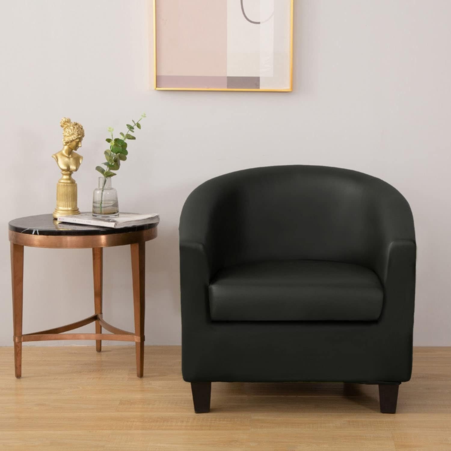 BH-JJSMGS Stretch Club Chair Slipcovers 2 Pieces, PU Leather Round Barrel Chair Cover with Cushion Cover, Oilproof Couch Cover for Cats Dogs