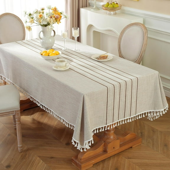 BH-JJSMGS Table Cloth Rectangle Table, Rustic Tablecloth , Cotton Linen Waterproof Tablecloth Wrinkle Free Farmhouse Dining Table Cover, Cloth Tablecloths with Tassels for Kitchen Dining, 4-6 Seats