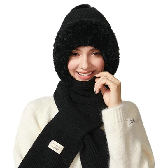BH-JJSMGS Winter Warm Knitted Snood Hat for Women Fleece Lined Hooded Scarf Ear Protection Windproof Beanie Cap for Cold Weather