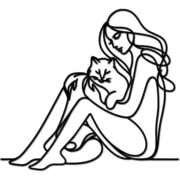 BH-JJSMGS Woman Holding Cat Metal Wall Art,Animal Minimalist Line Art Wall Decor, Abstract Cat Shape Pet Black Sculptures for Living Room Bedroom Bathroom