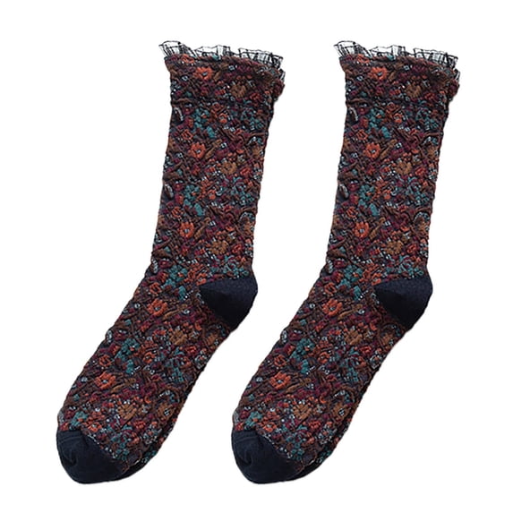 BH-JJSMGS Women's Vintage Floral Socks, Cute Embroidered Frilly Floral Crew Socks, Cozy Flower Jacquard Casual