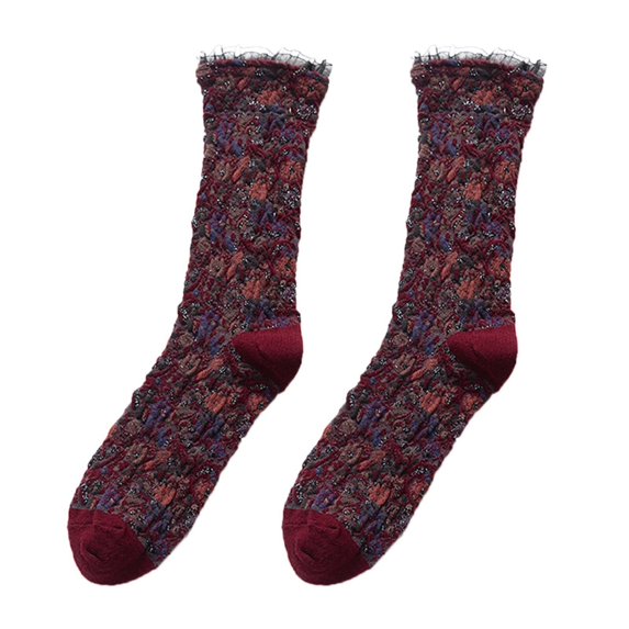 BH-JJSMGS Women's Vintage Floral Socks, Cute Embroidered Frilly Floral Crew Socks, Cozy Flower Jacquard Casual
