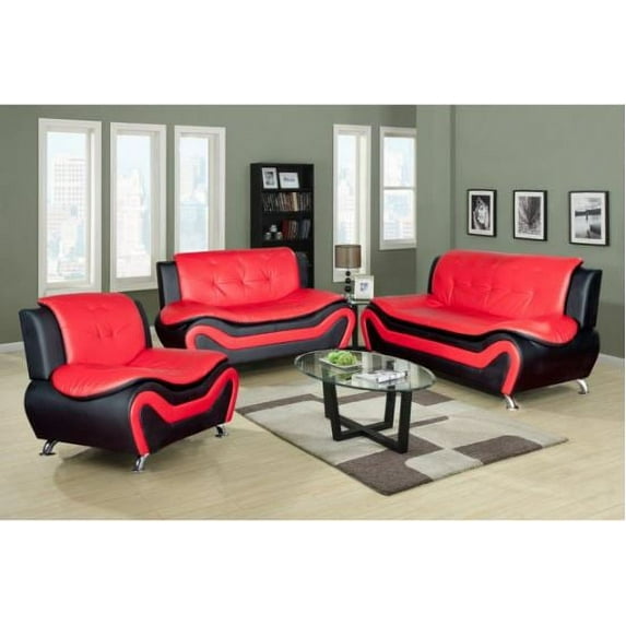 BH&M-3PC Living Room Sofa Set, Sofa/Loveseat/Chair, Black/Red, Faux Leather