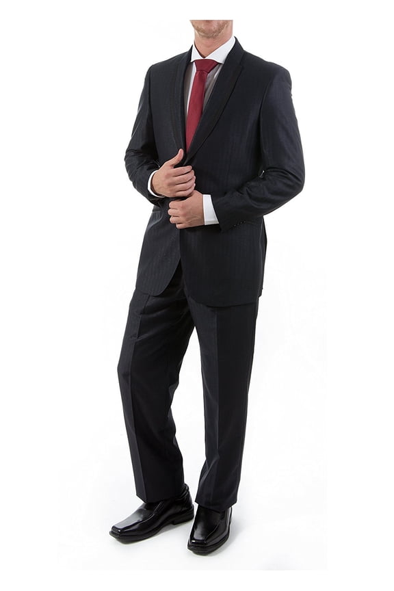 BH Studio18 Mens 52 Slim Fit Sateen Striped Lapel Formal Tuxedo Suit Set - Black - 40L