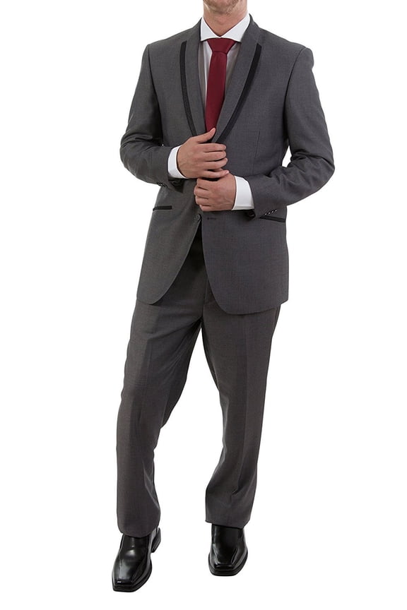 BH Studio18 Mens 53 Slim Fit Sateen Striped Lapel Formal Tuxedo Suit Set - Grey - 42L