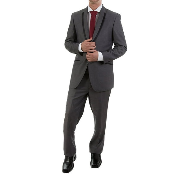 BH Studio18 Mens 53 Slim Fit Sateen Striped Lapel Formal Tuxedo Suit Set - Grey - 46R