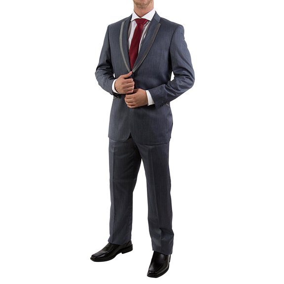 BH Studio18 Mens 54 Slim Fit Sateen Striped Lapel Formal Tuxedo Suit Set - Blue Heather - 44R