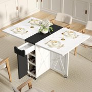 BHAODEAL Folding Dining Table with 6 Wheels, Drop Leaf Tables for Small Spaces, Foldable Dining Table with 2-Layer Storage Rack, Kitchen Table with Drawer White Marble and Black