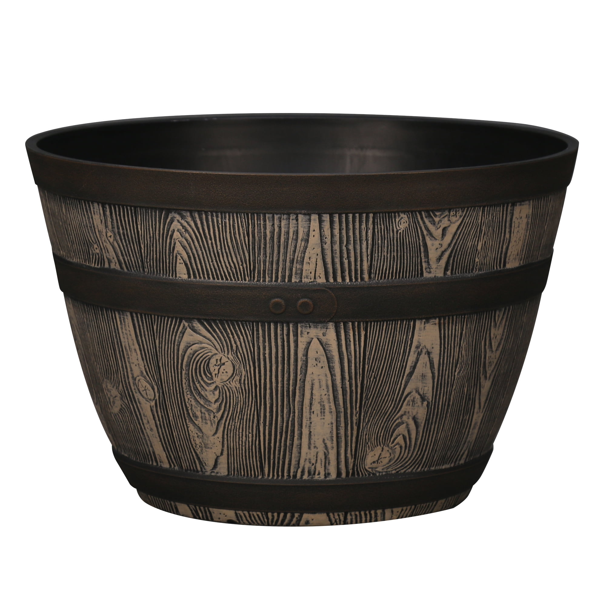 Better Homes & Gardens Whiskey Barrel Brown Resin Planter, 15.8in x 15.8in x 10.3in