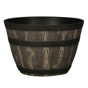 Better Homes & Gardens Whiskey Barrel Brown Resin Planter, 15.8 in x 15.8 in x 10.3 in