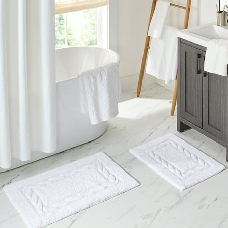 Better Homes & Gardens Cotton Winter Seasonal Christmas Cable Knit Border 2 Piece Bath Rug Set, White, 17" x 24" & 20" x 30"