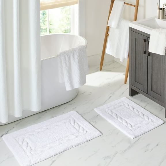 Better Homes & Gardens Cotton Winter Seasonal Christmas Cable Knit Border 2 Piece Bath Rug Set, White, 17" x 24" & 20" x 30"
