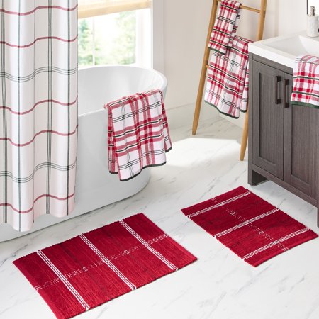 Better Homes & Gardens Cotton Holiday Christmas Plaid Farmhouse Plaid 2 Piece Bath Rug Set, Red, 17" x 24" & 20" x 30"