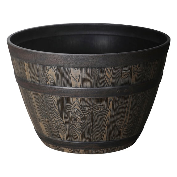 Better Homes & Gardens Whiskey Barrel Brown Recycled Resin Planter, 19.9 in x 19.9 in x 13 in