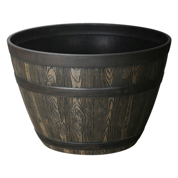 Better Homes & Gardens Whiskey Barrel Brown 100% Recycled Resin Planter, 19.9in x 19.9in x 13in