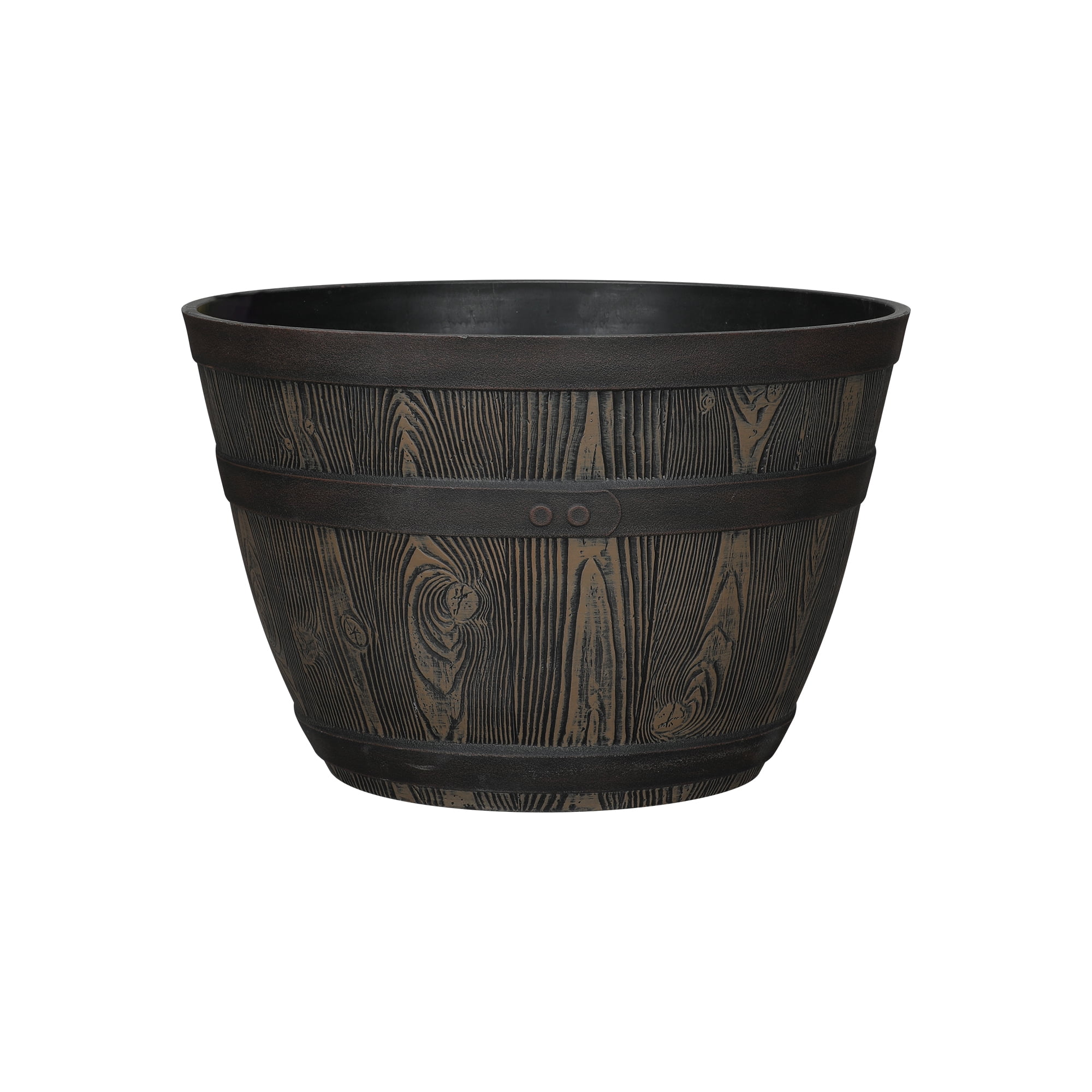 Better Homes & Gardens Whiskey Barrel Round Recycled Resin Planter, Brown, 19.9 in x 19.9 in x 13 in