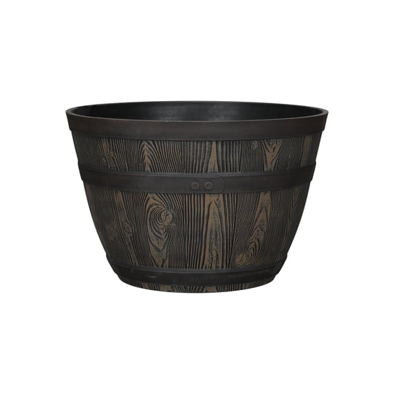 Better Homes & Gardens Whiskey Barrel Round Recycled Resin Planter, Brown, 19.9 in x 19.9 in x 13 in